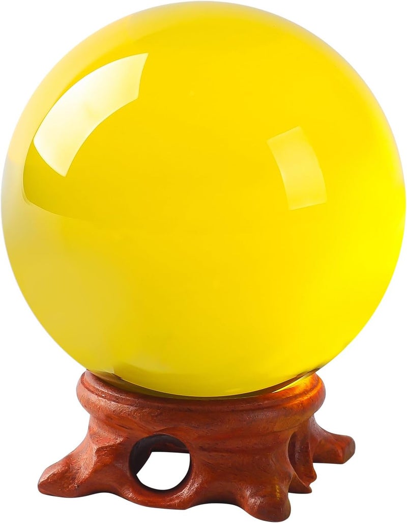 Modaier Yellow Crystal Ball 80mm/3.1inch with Rose Wooden Stand and Gift Box for lensball Photography,Fortune Teller,Feng Shui, Witchcraft Decor,Scrying,Magic,Quartz Crystal Orb Prop Decorative Glass Sphere - Image 1